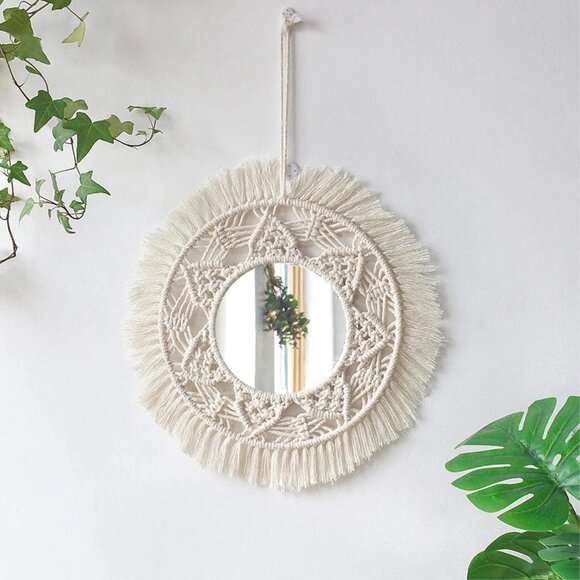 THREE (3)PC Set of Wall Mirrors Boho Beige Macrame Bohemian Global Decor NEW NIB - Picture 7 of 11